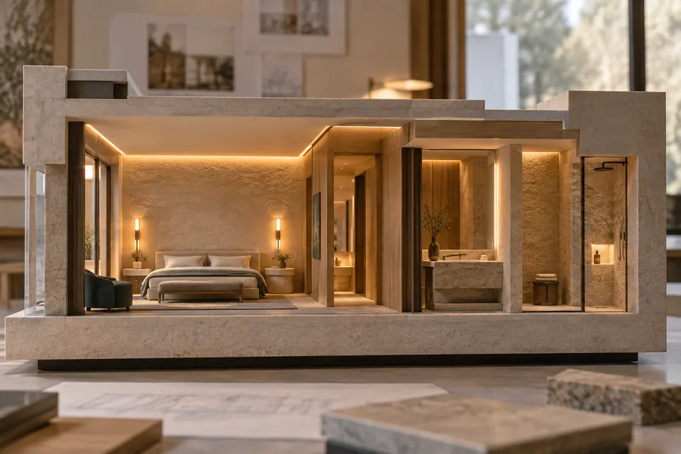 Otel odası kesit maketinde aydınlatma tasarımı — yapay zekâ ile üretilmiş temsilî görsel